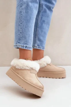 Śniegowce Damskie>Boto Śniegowce Z Niską Cholewką Z Futerkiem Na Platformie Eko Zamszowe Jasnobeżowe Neathoria