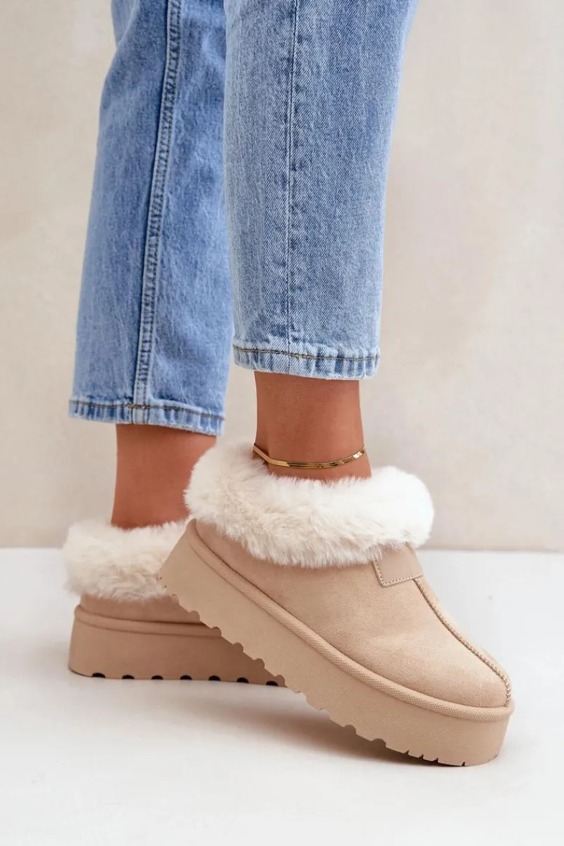 Śniegowce Damskie>Boto Śniegowce Z Niską Cholewką Z Futerkiem Na Platformie Eko Zamszowe Jasnobeżowe Neathoria