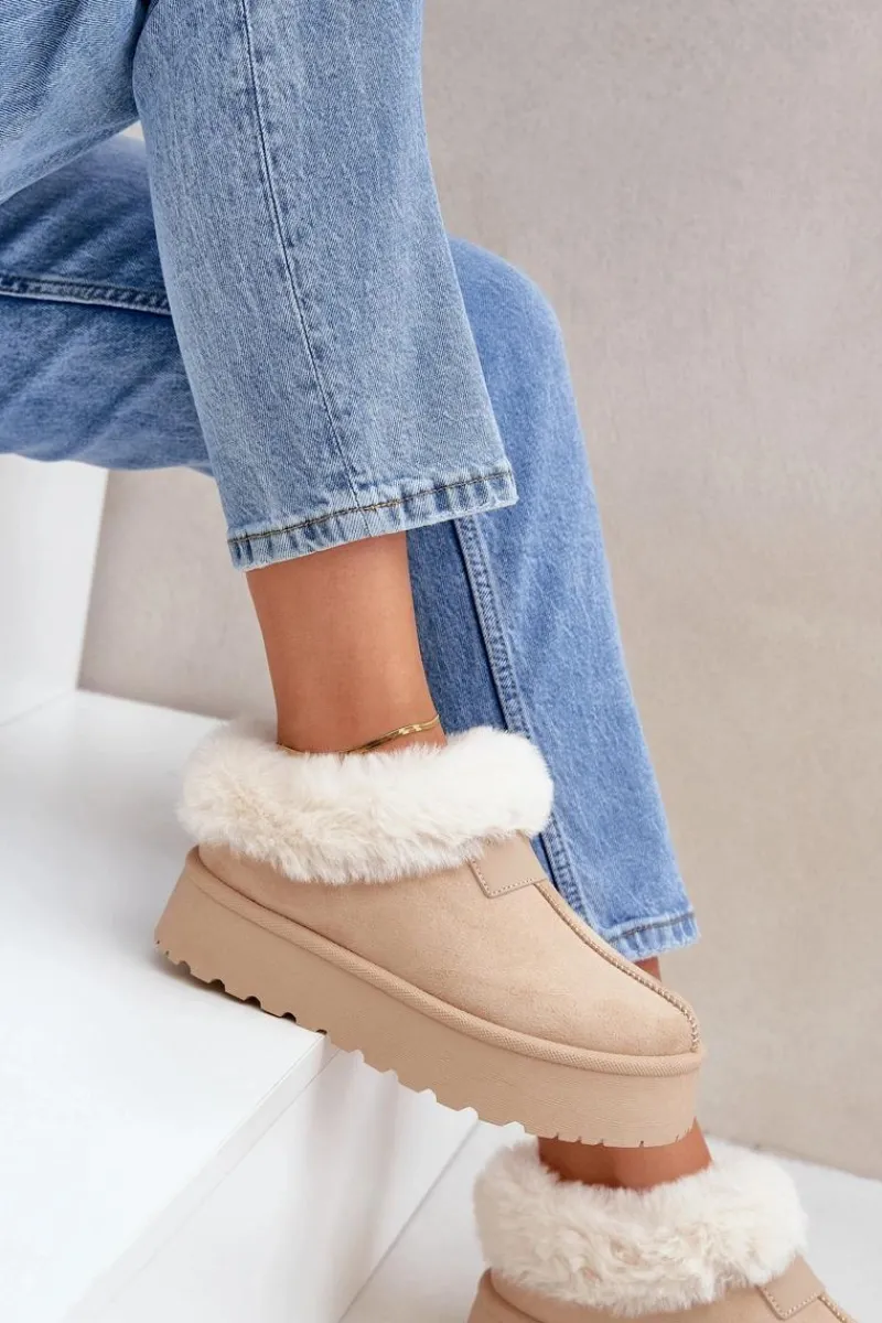 Śniegowce Damskie>Boto Śniegowce Z Niską Cholewką Z Futerkiem Na Platformie Eko Zamszowe Jasnobeżowe Neathoria