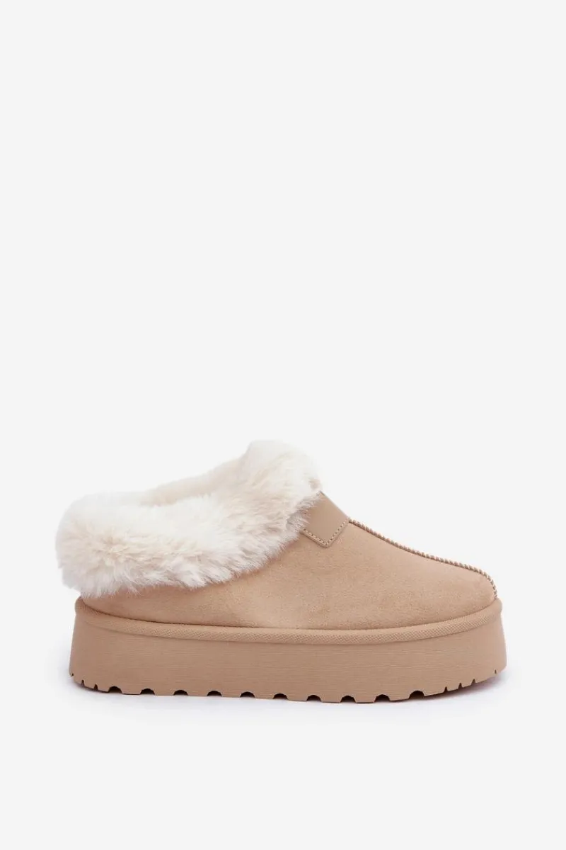 Śniegowce Damskie>Boto Śniegowce Z Niską Cholewką Z Futerkiem Na Platformie Eko Zamszowe Jasnobeżowe Neathoria