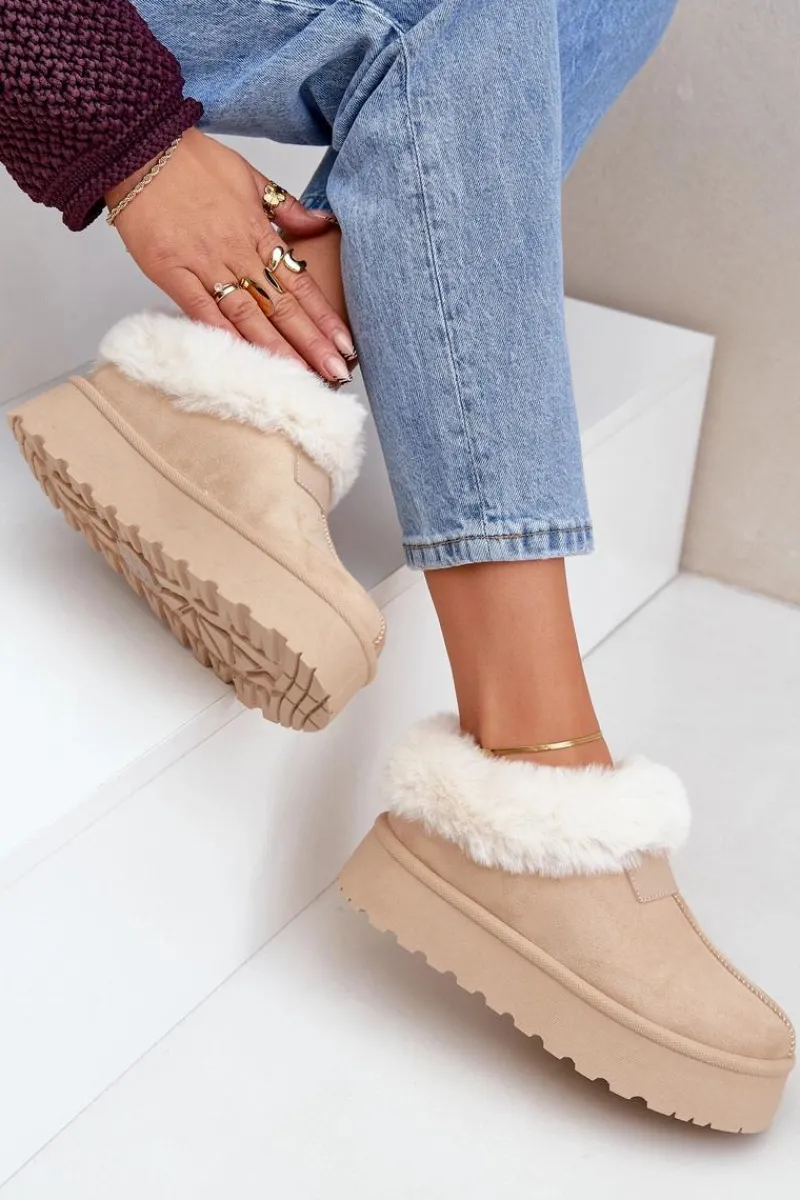 Śniegowce Damskie>Boto Śniegowce Z Niską Cholewką Z Futerkiem Na Platformie Eko Zamszowe Jasnobeżowe Neathoria