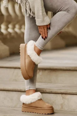 Śniegowce Damskie>Boto Śniegowce Z Niską Cholewką Z Futerkiem Na Platformie Eko Zamszowe Camel Neathoria