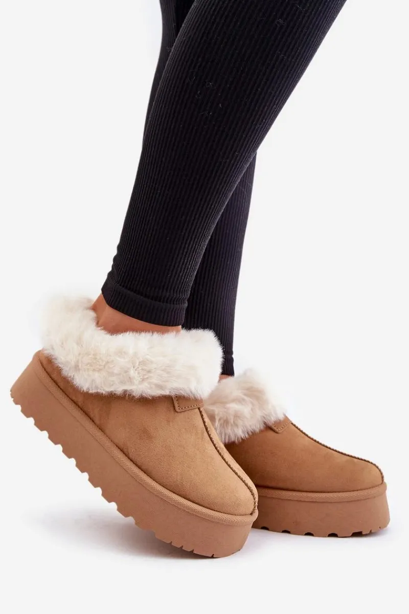 Śniegowce Damskie>Boto Śniegowce Z Niską Cholewką Z Futerkiem Na Platformie Eko Zamszowe Camel Neathoria