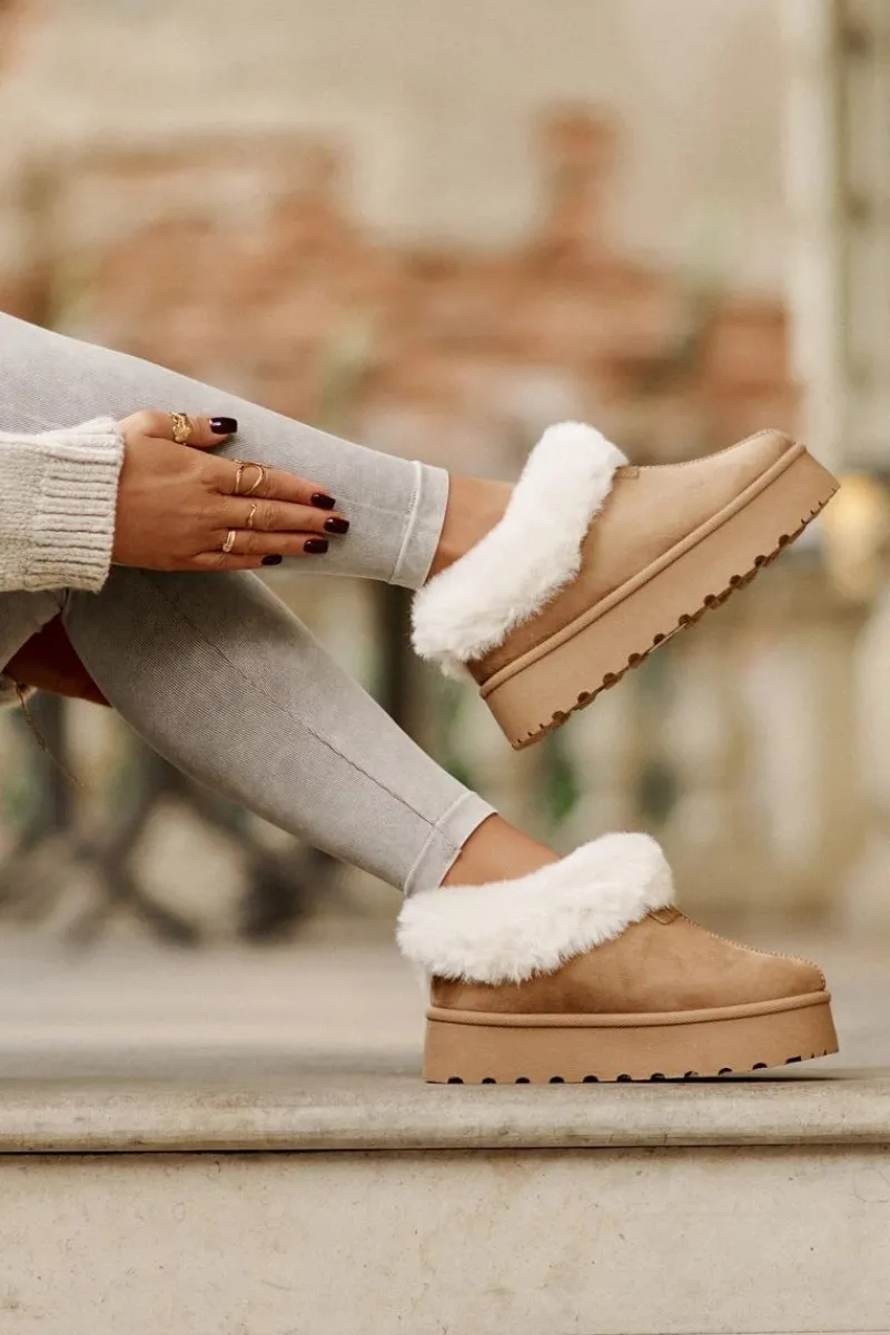 Śniegowce Damskie>Boto Śniegowce Z Niską Cholewką Z Futerkiem Na Platformie Eko Zamszowe Camel Neathoria