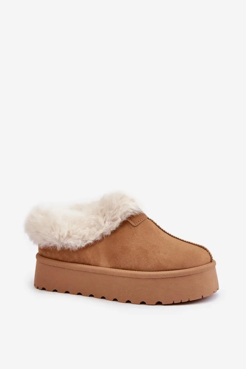 Śniegowce Damskie>Boto Śniegowce Z Niską Cholewką Z Futerkiem Na Platformie Eko Zamszowe Camel Neathoria