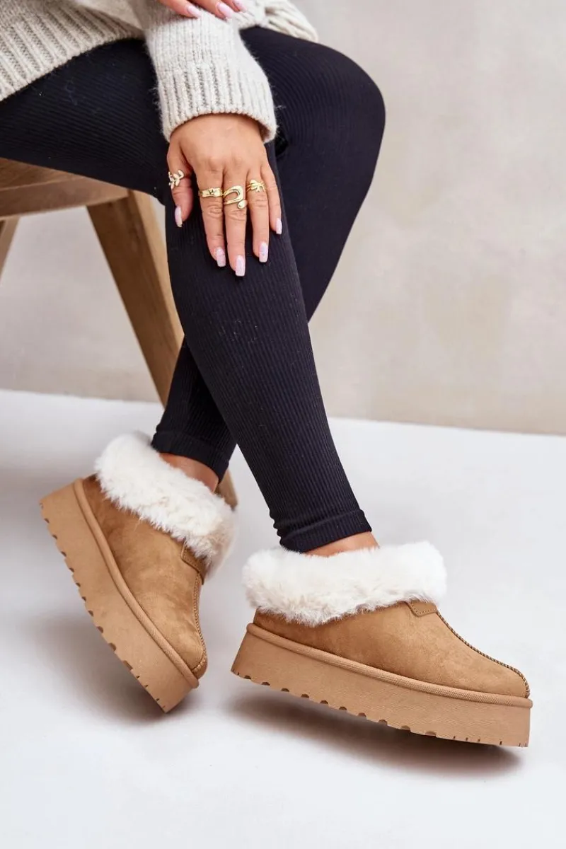 Śniegowce Damskie>Boto Śniegowce Z Niską Cholewką Z Futerkiem Na Platformie Eko Zamszowe Camel Neathoria