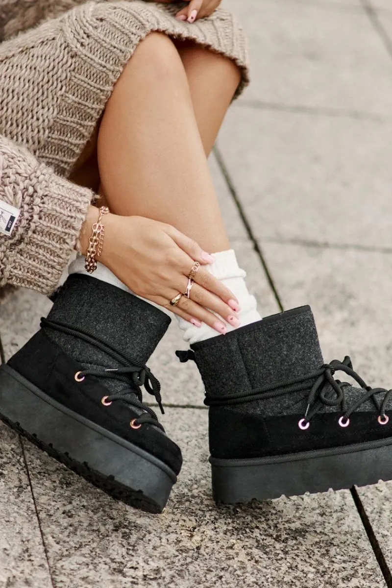 Śniegowce Damskie>Boto Śniegowce Z Wiązaniem Na Platformie Czarne Mavora Czarny