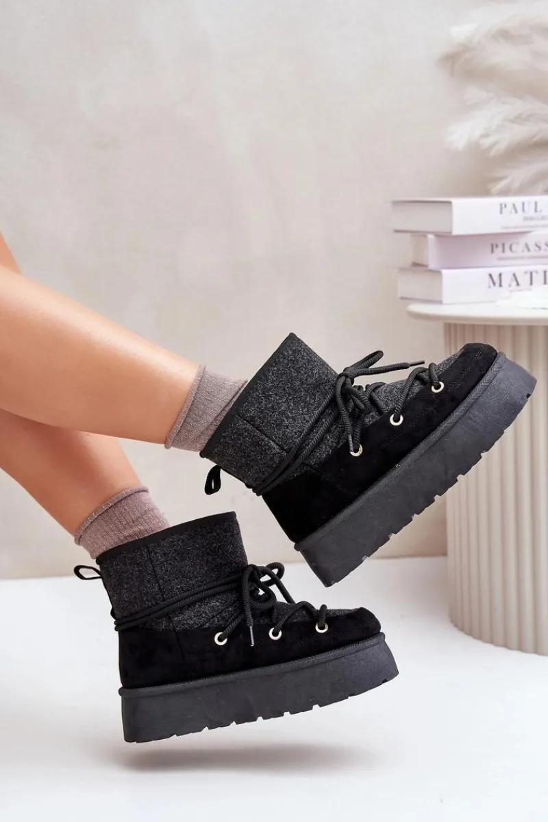 Śniegowce Damskie>Boto Śniegowce Z Wiązaniem Na Platformie Czarne Mavora Czarny