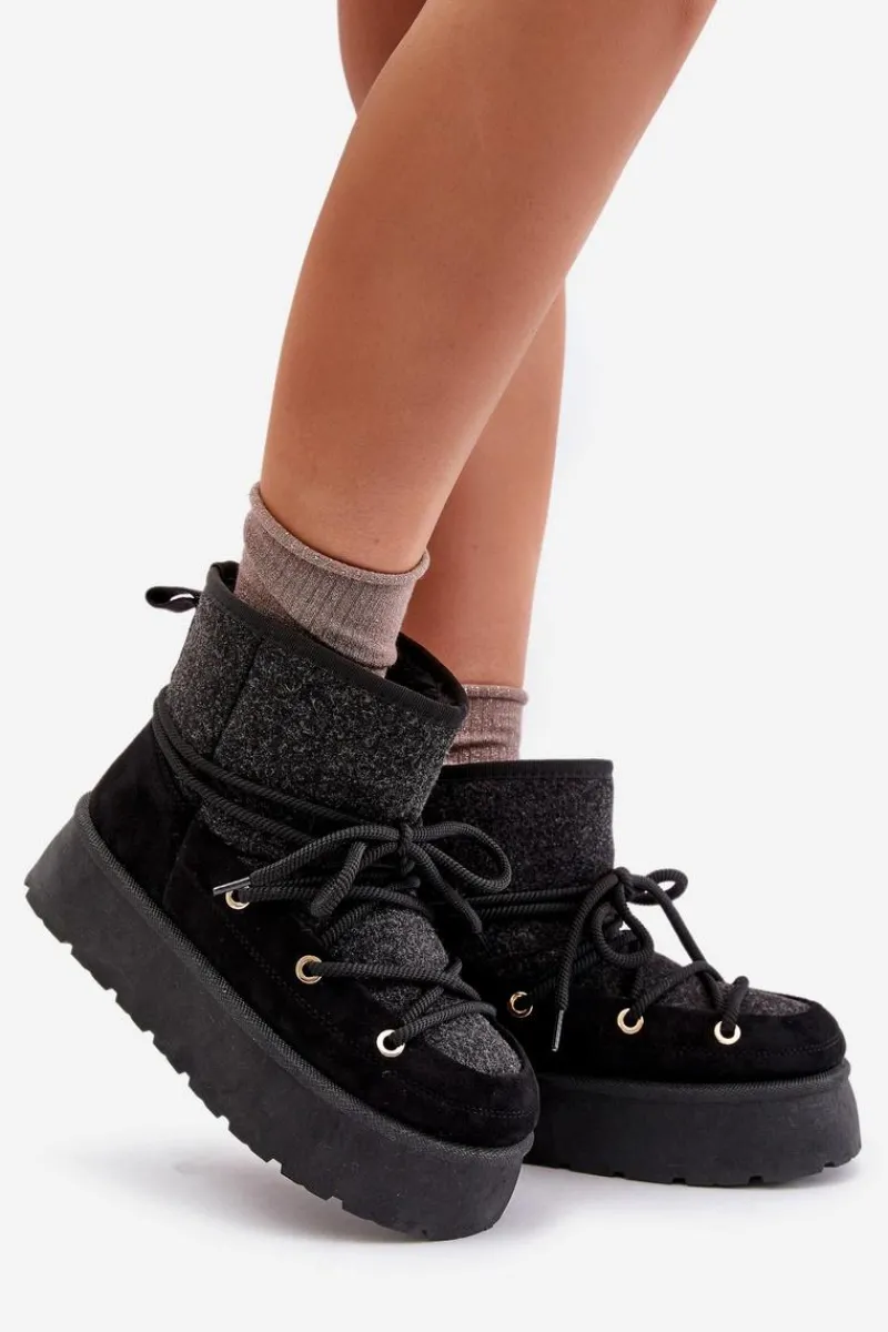 Śniegowce Damskie>Boto Śniegowce Z Wiązaniem Na Platformie Czarne Mavora Czarny