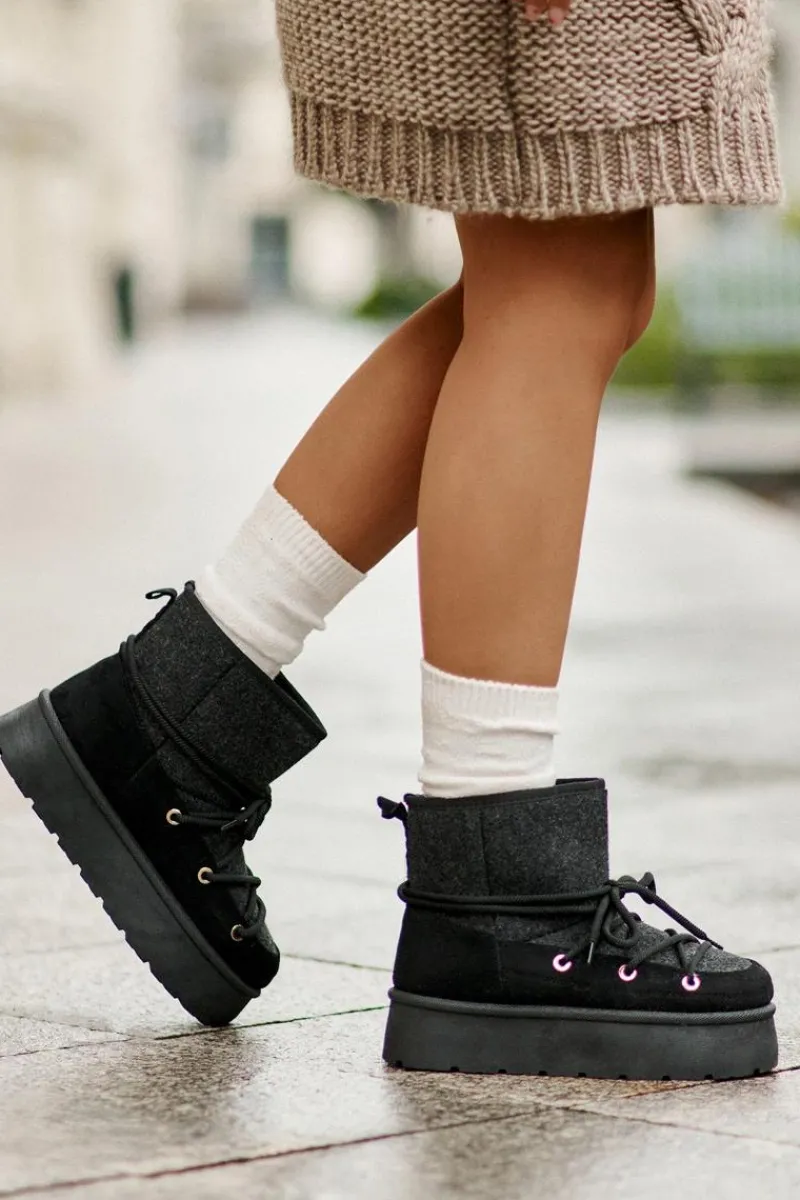 Śniegowce Damskie>Boto Śniegowce Z Wiązaniem Na Platformie Czarne Mavora Czarny