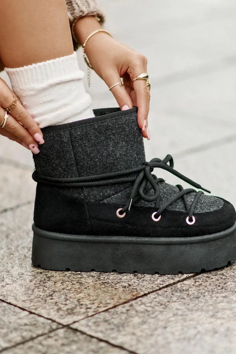 Śniegowce Damskie>Boto Śniegowce Z Wiązaniem Na Platformie Czarne Mavora Czarny