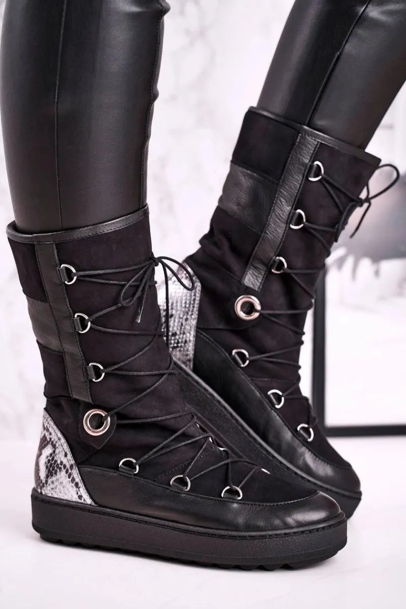 Botki Sznurowane|Czarne Botki>Laura Messi Śniegowce Zamszowe z Futerkiem Czarne 2054