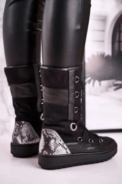 Botki Sznurowane|Czarne Botki>Laura Messi Śniegowce Zamszowe z Futerkiem Czarne 2054