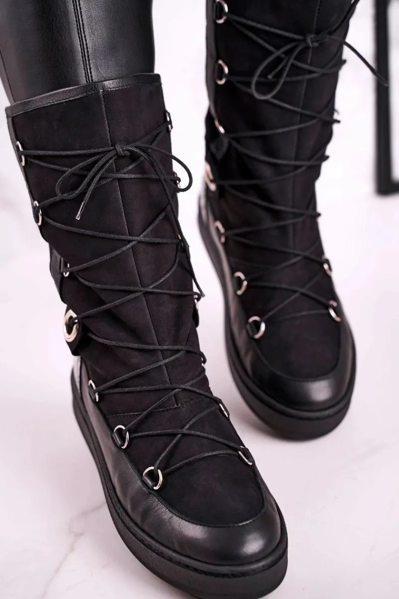 Botki Sznurowane|Czarne Botki>Laura Messi Śniegowce Zamszowe z Futerkiem Czarne 2054