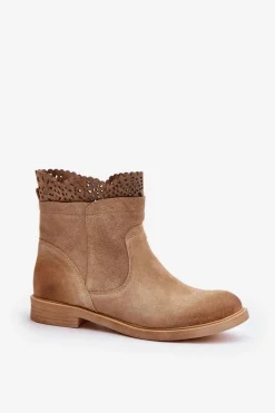 Discount Niskie Botki Damskie Na Płaskim Obcasie Zamszowe Lewski 3624 Beżowe Damskie Botki Ażurowe|Brązowe I Beżowe Botki