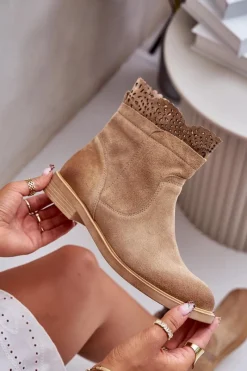 Discount Niskie Botki Damskie Na Płaskim Obcasie Zamszowe Lewski 3624 Beżowe Damskie Botki Ażurowe|Brązowe I Beżowe Botki