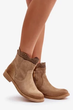 Discount Niskie Botki Damskie Na Płaskim Obcasie Zamszowe Lewski 3624 Beżowe Damskie Botki Ażurowe|Brązowe I Beżowe Botki