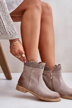 Discount Boto Niskie Botki Damskie Na Płaskim Obcasie Zamszowe Lewski 3624 Cappucino Beżowy