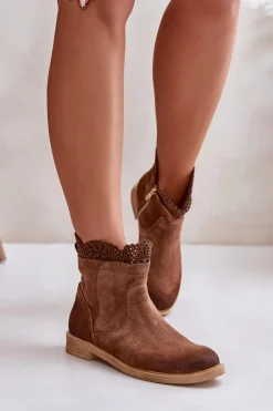 New Niskie Botki Damskie Na Płaskim Obcasie Zamszowe Lewski 3624 Brązowe Damskie Botki Ażurowe|Brązowe I Beżowe Botki