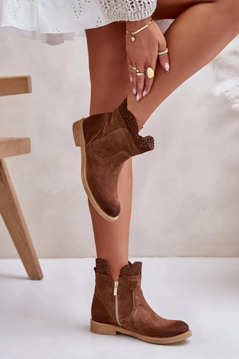 New Niskie Botki Damskie Na Płaskim Obcasie Zamszowe Lewski 3624 Brązowe Damskie Botki Ażurowe|Brązowe I Beżowe Botki