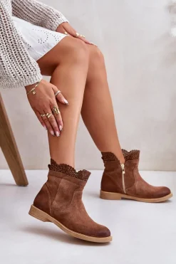 New Niskie Botki Damskie Na Płaskim Obcasie Zamszowe Lewski 3624 Brązowe Damskie Botki Ażurowe|Brązowe I Beżowe Botki