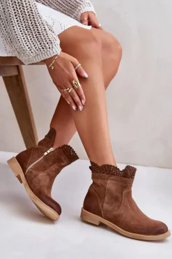 New Niskie Botki Damskie Na Płaskim Obcasie Zamszowe Lewski 3624 Brązowe Damskie Botki Ażurowe|Brązowe I Beżowe Botki