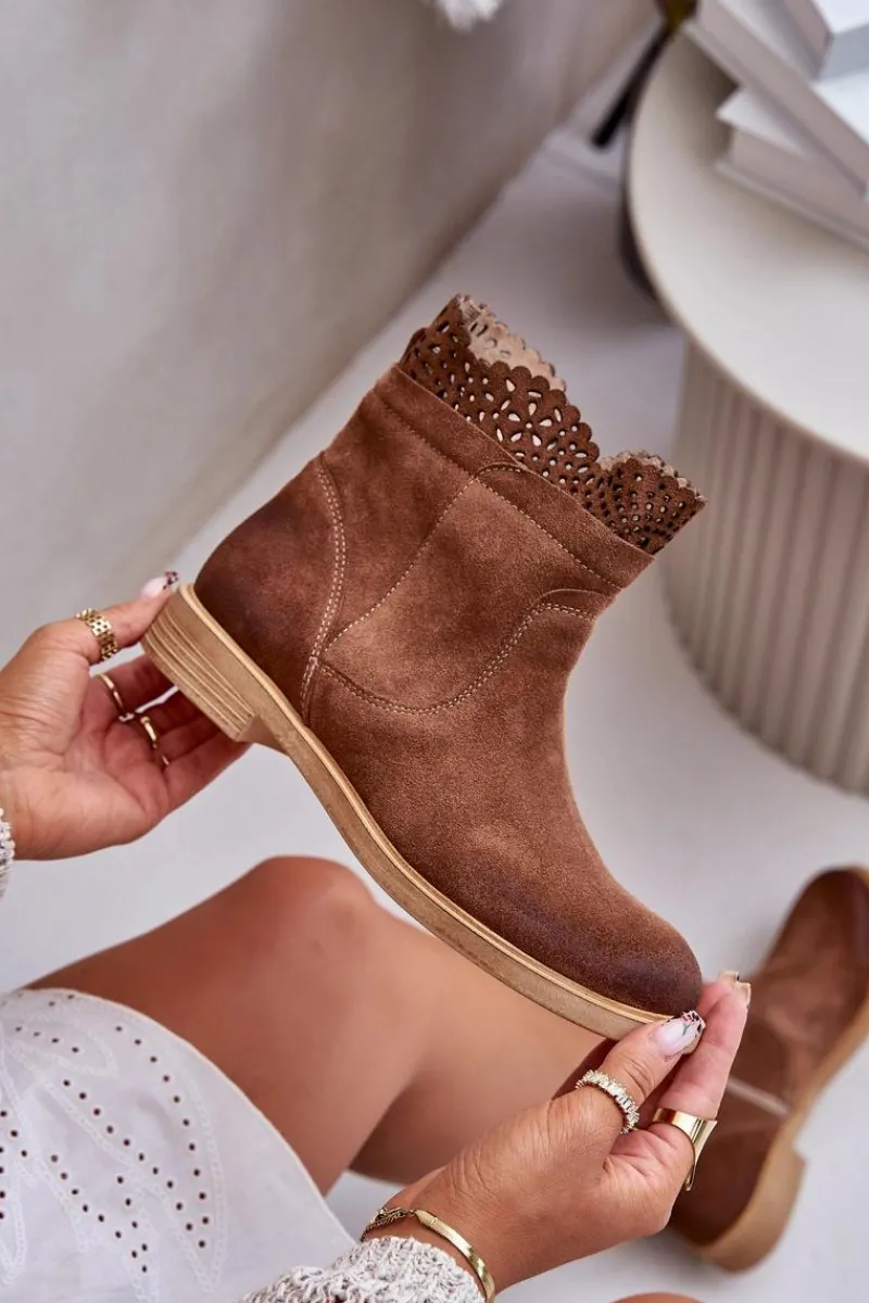 New Niskie Botki Damskie Na Płaskim Obcasie Zamszowe Lewski 3624 Brązowe Damskie Botki Ażurowe|Brązowe I Beżowe Botki