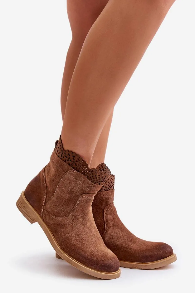 New Niskie Botki Damskie Na Płaskim Obcasie Zamszowe Lewski 3624 Brązowe Damskie Botki Ażurowe|Brązowe I Beżowe Botki