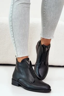 Best Damskie buty S.Barski Niskie Botki Damskie Na Płaskim Obcasie Ocieplane Czarne S.Barski HY42-119 Czarne