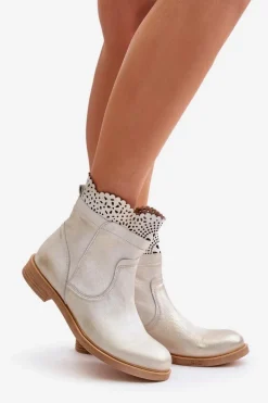 Sale Boto Niskie Botki Damskie Na Płaskim Obcasie Skórzane Lewski 3624 Złote Przecierane