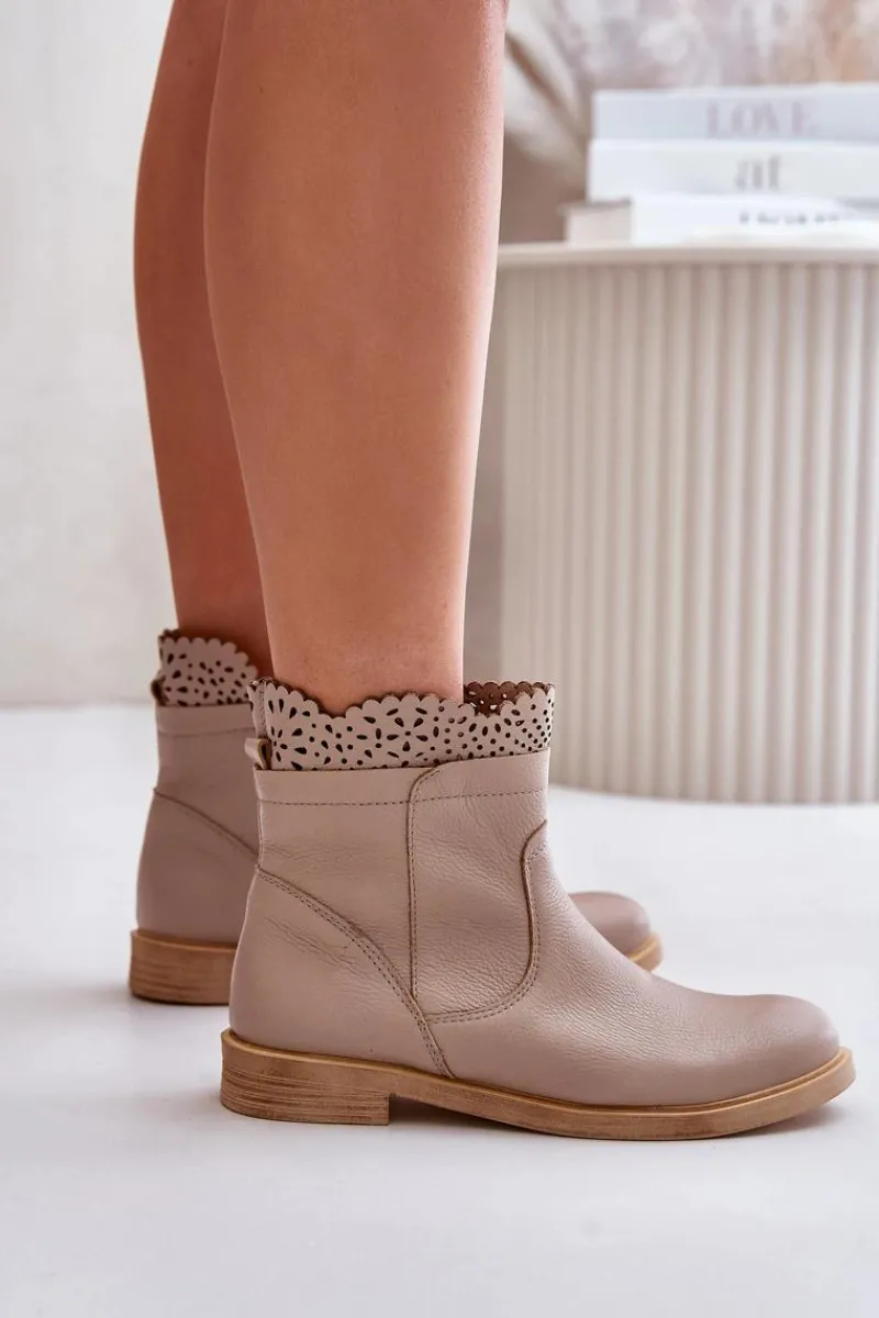 Botki Ażurowe|Brązowe I Beżowe Botki>Boto Niskie Botki Damskie Na Płaskim Obcasie Skórzane Lewski 3624 Beżowe Beżowy