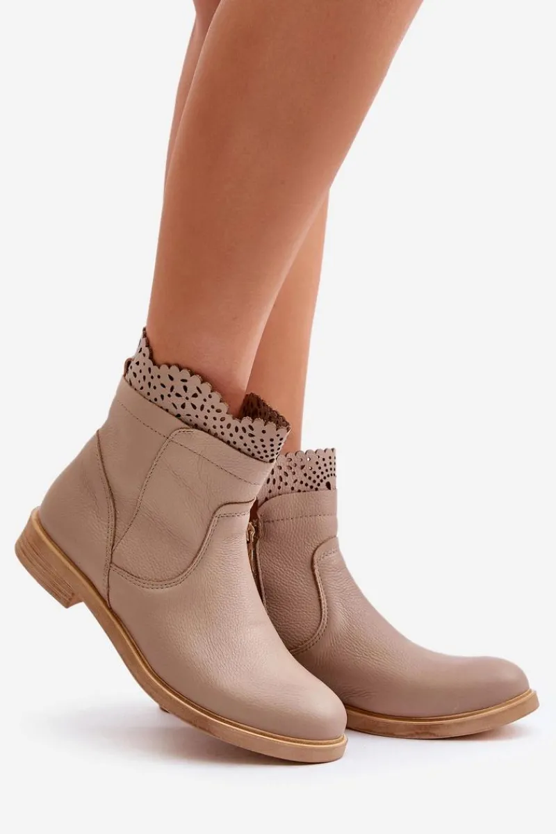 Botki Ażurowe|Brązowe I Beżowe Botki>Boto Niskie Botki Damskie Na Płaskim Obcasie Skórzane Lewski 3624 Beżowe Beżowy
