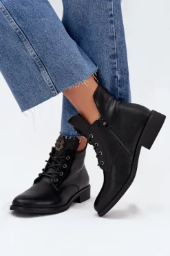 New Boto Niskie Botki Damskie Na Płaskim Obcasie Z Ozdobnym Detalem Ocieplane Czarne Cylira Czarny