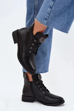 New Boto Niskie Botki Damskie Na Płaskim Obcasie Z Ozdobnym Detalem Ocieplane Czarne Cylira Czarny