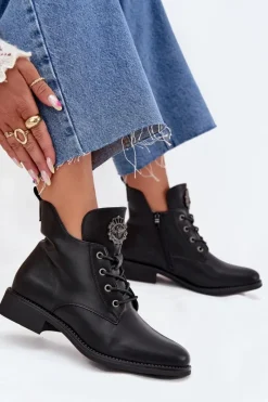 New Boto Niskie Botki Damskie Na Płaskim Obcasie Z Ozdobnym Detalem Ocieplane Czarne Cylira Czarny