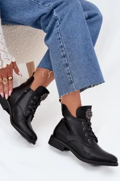 New Boto Niskie Botki Damskie Na Płaskim Obcasie Z Ozdobnym Detalem Ocieplane Czarne Cylira Czarny