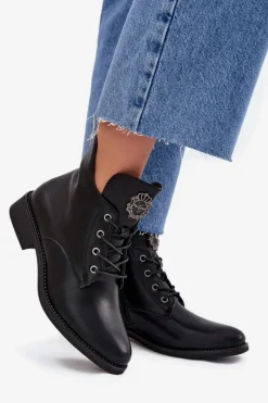 New Boto Niskie Botki Damskie Na Płaskim Obcasie Z Ozdobnym Detalem Ocieplane Czarne Cylira Czarny