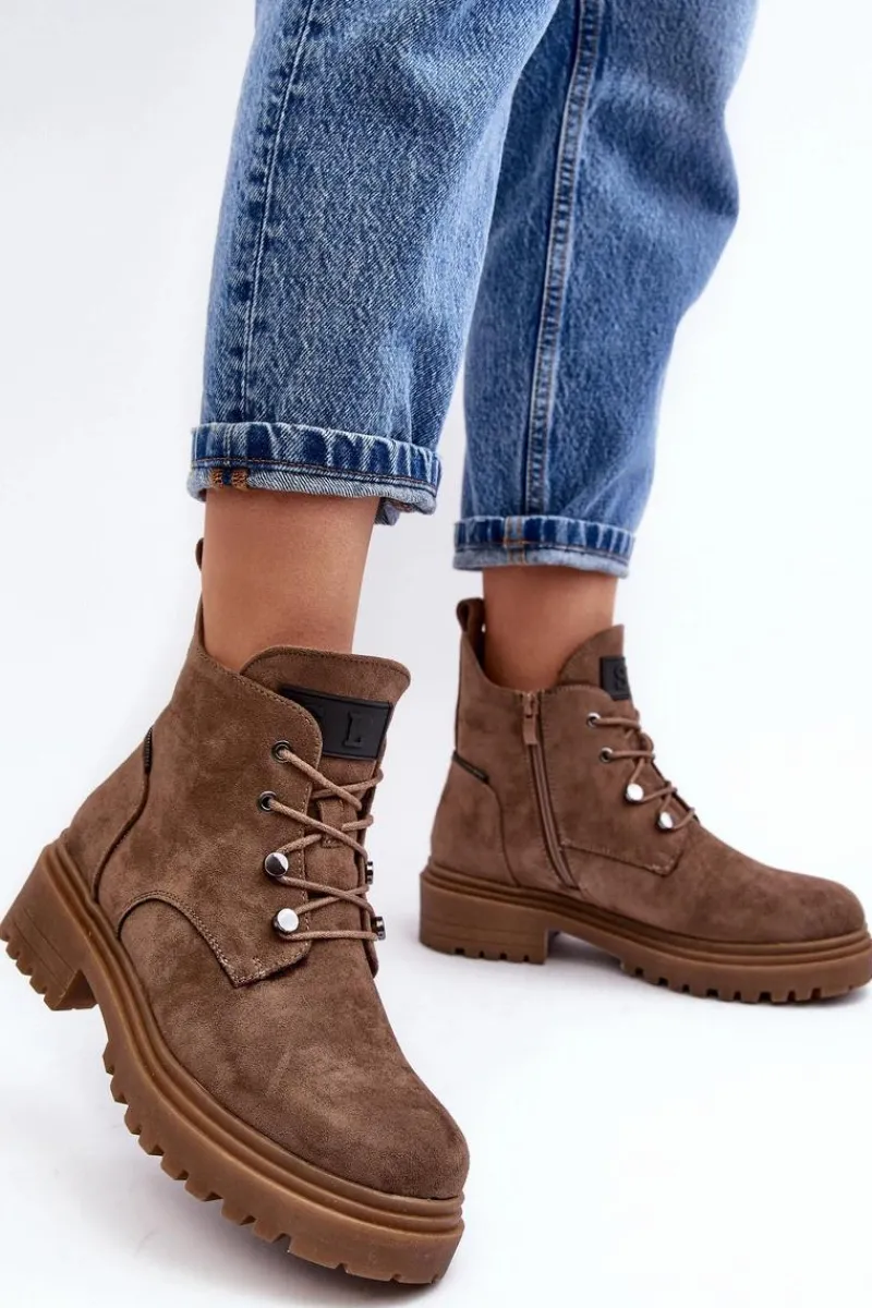Sale Niskie Botki Damskie Ocieplane Na Suwak Ciemnobeżowe Cameronia Damskie Botki Sznurowane|Botki Zimowe Damskie