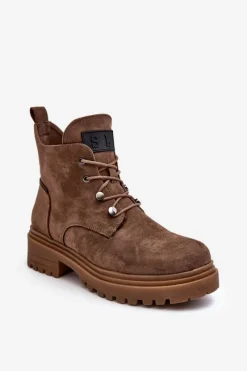 Sale Niskie Botki Damskie Ocieplane Na Suwak Ciemnobeżowe Cameronia Damskie Botki Sznurowane|Botki Zimowe Damskie