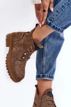 Sale Niskie Botki Damskie Ocieplane Na Suwak Ciemnobeżowe Cameronia Damskie Botki Sznurowane|Botki Zimowe Damskie