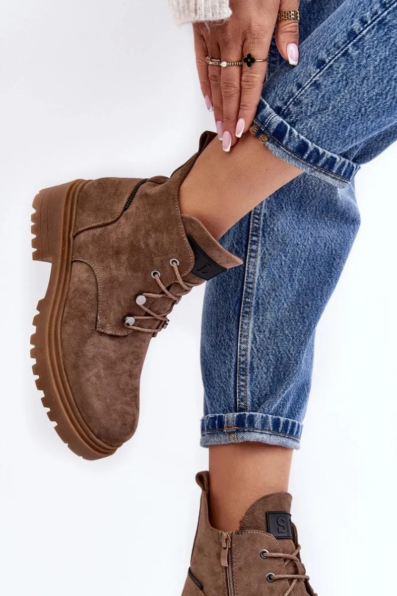 Sale Niskie Botki Damskie Ocieplane Na Suwak Ciemnobeżowe Cameronia Damskie Botki Sznurowane|Botki Zimowe Damskie