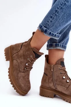 Sale Niskie Botki Damskie Ocieplane Na Suwak Ciemnobeżowe Cameronia Damskie Botki Sznurowane|Botki Zimowe Damskie