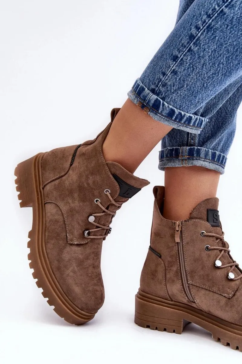 Sale Niskie Botki Damskie Ocieplane Na Suwak Ciemnobeżowe Cameronia Damskie Botki Sznurowane|Botki Zimowe Damskie