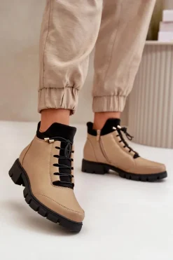 Outlet Boto Niskie Botki Damskie Ocieplane Z Eko Skóry Beżowe Erisabelle Beżowy