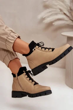 Outlet Boto Niskie Botki Damskie Ocieplane Z Eko Skóry Beżowe Erisabelle Beżowy