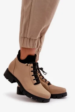 Outlet Boto Niskie Botki Damskie Ocieplane Z Eko Skóry Beżowe Erisabelle Beżowy