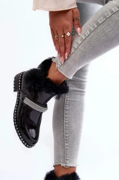 Outlet Niskie Botki Lakierowane Z Futerkiem I Ozdobą S.Barski MR870-74 Czarne Damskie Botki Ocieplane|Czarne Botki