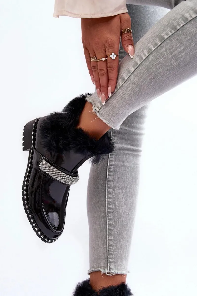 Outlet Niskie Botki Lakierowane Z Futerkiem I Ozdobą S.Barski MR870-74 Czarne Damskie Botki Ocieplane|Czarne Botki