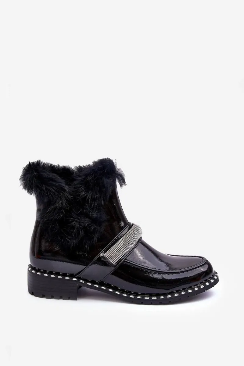 Outlet Niskie Botki Lakierowane Z Futerkiem I Ozdobą S.Barski MR870-74 Czarne Damskie Botki Ocieplane|Czarne Botki