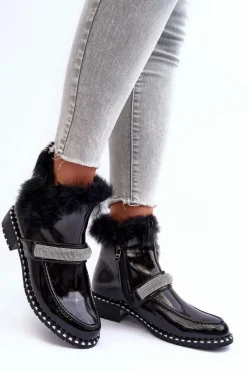 Outlet Niskie Botki Lakierowane Z Futerkiem I Ozdobą S.Barski MR870-74 Czarne Damskie Botki Ocieplane|Czarne Botki